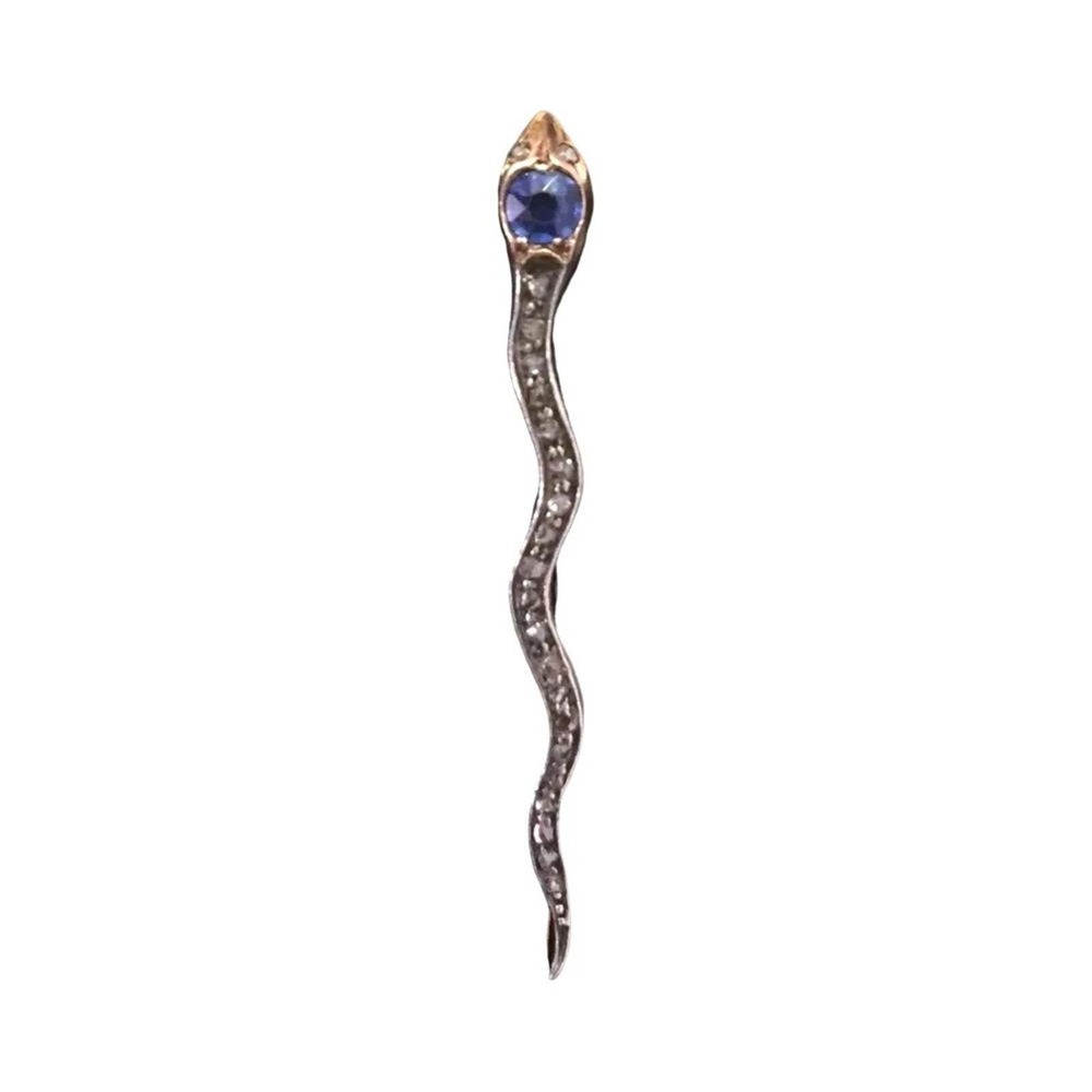 Antique 14K White/Yellow Gold Snake Brooch Pin Round Cut Blue Sapphire Diamonds